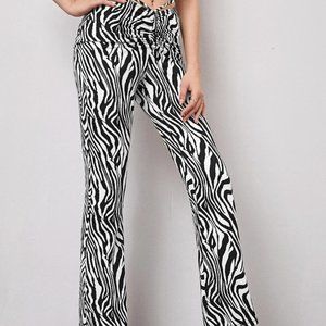 Zebra Striped Ruched Crisscross Tie Back Waist Flare Leg Pants P09